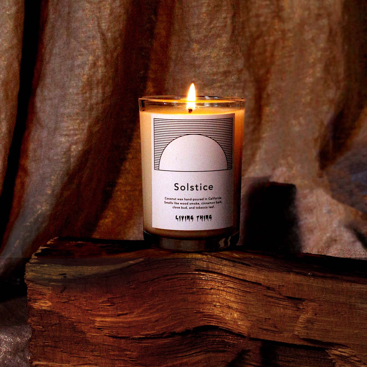 woodsmoke and tobacco candle Living Thing - Solstice: Cinnamon, Clove + Wood Smoke Holiday Candle